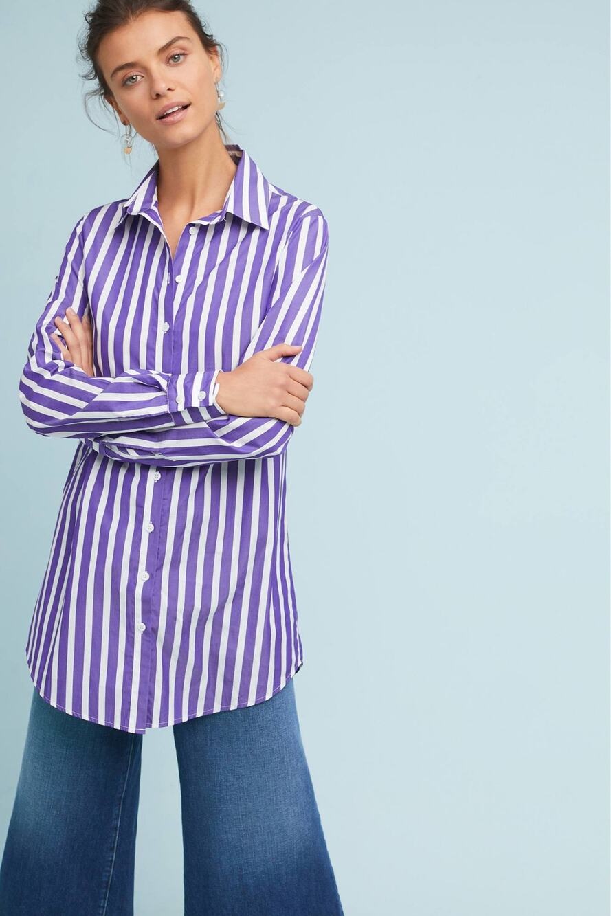 Anthropologie Harshman Los Angeles Quinn Long Button Down Shirt Purple Stripe S